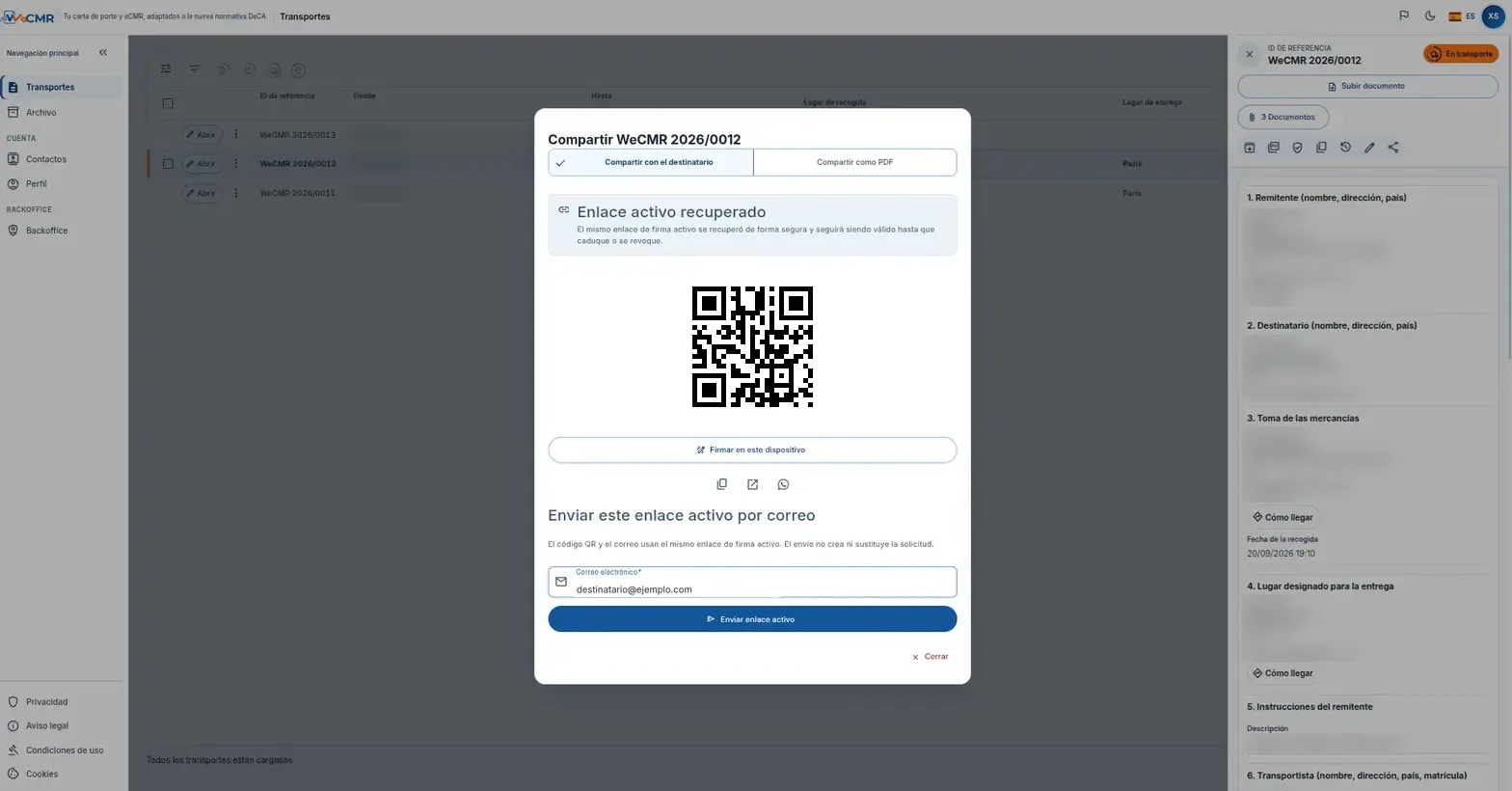 La ventana de compartir: un código QR y un enlace de firma que el destinatario abre desde el móvil.