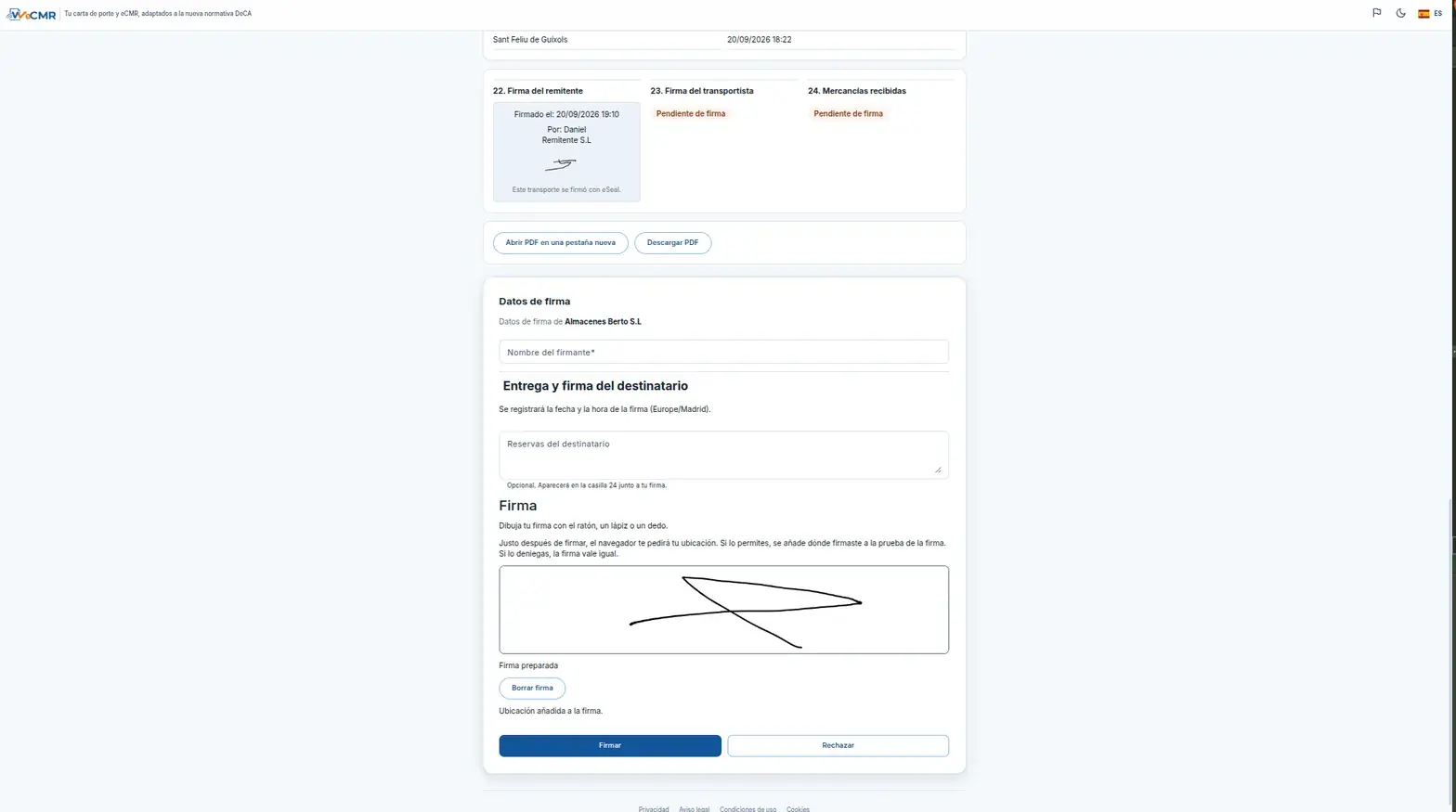 La pantalla de firma: el trazo hecho a mano, y los botones de firmar o rechazar.